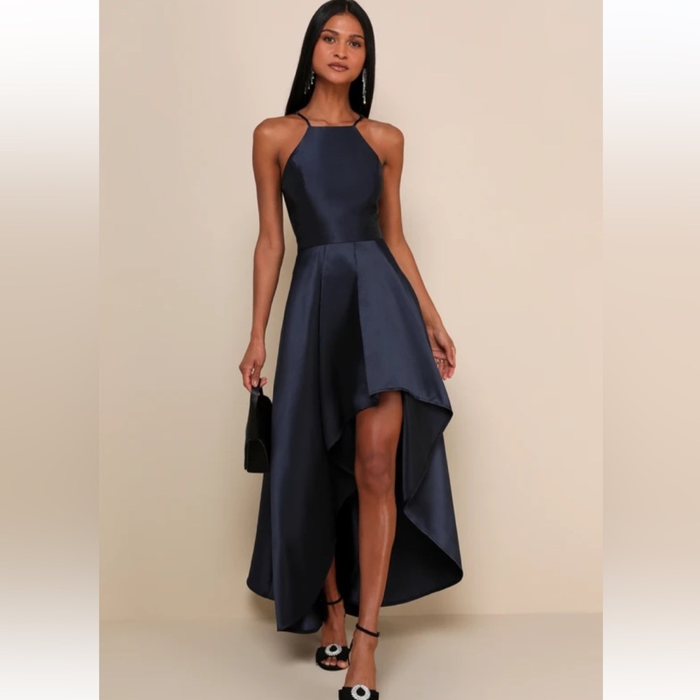 Lulus Navy Taffeta High Low Apron Neck Gown Waterfall Drape Pockets Gala Dress